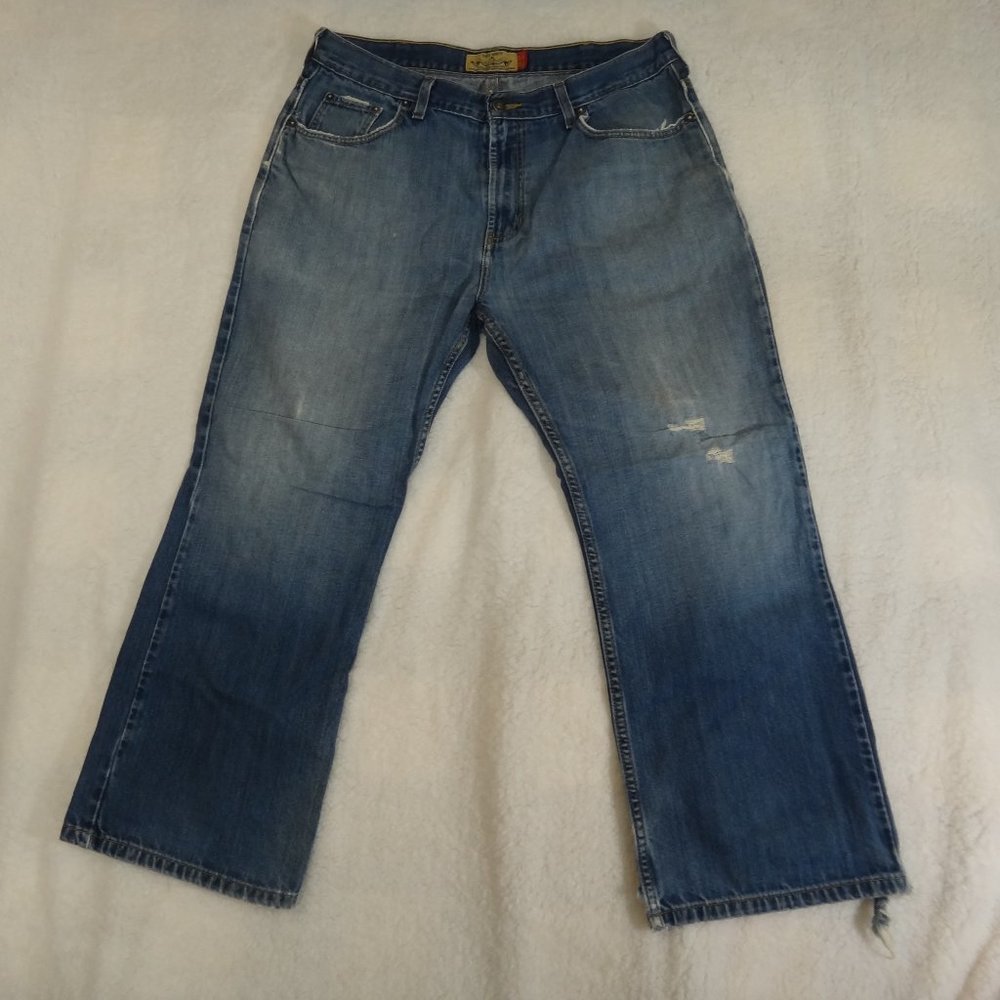 MENS OLD NAVY NATURAL DISTRESSED BOOT CUT VINTAGE BLUE JEANS 36X30